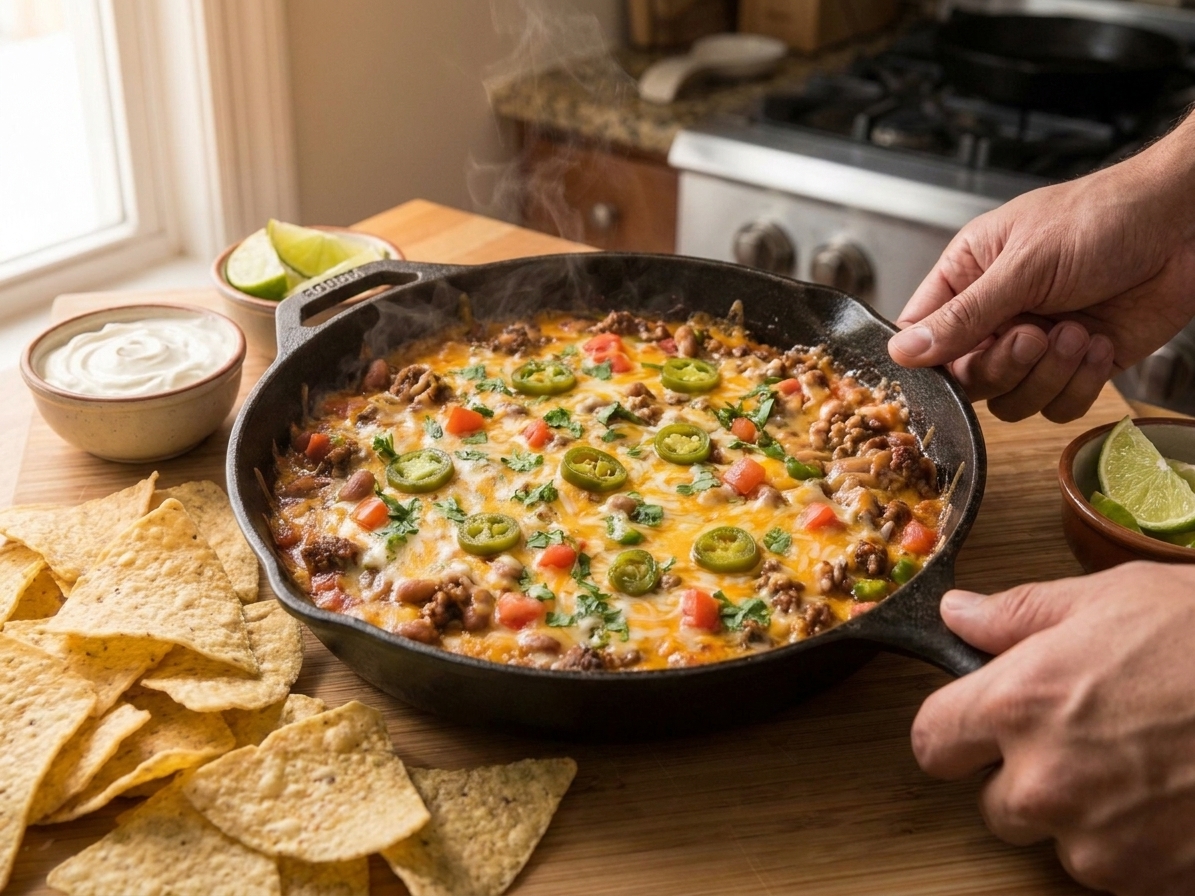A cast iron skillet filled with bubbling nacho dip topped with melted cheese, jalapeños, and cilantro on a warm kitchen counter with tortilla chips nearby