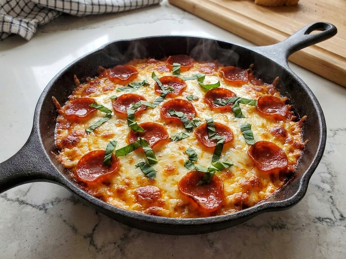 A cast iron skillet filled with bubbling pizza dip topped with browned mozzarella, crisp pepperoni cups, and chopped basil on a warm kitchen counter