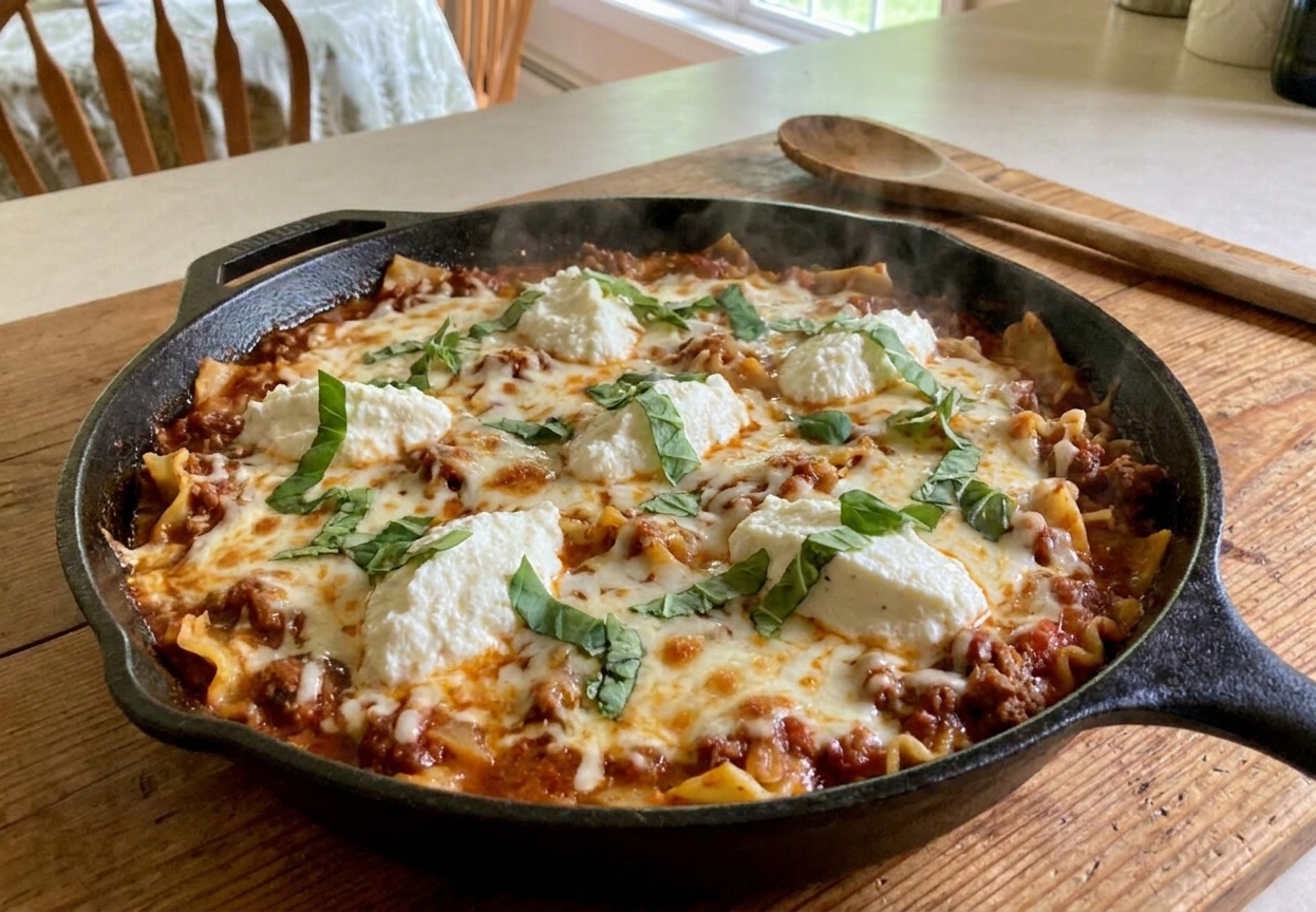 A cast iron skillet filled with bubbling skillet lasagna topped with melted mozzarella, ricotta dollops, and fresh basil on a wooden table