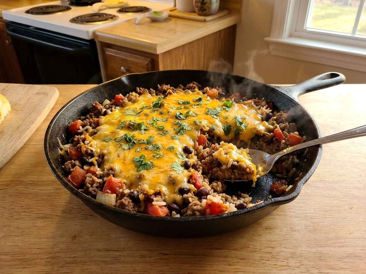 A cast iron skillet filled with cheesy taco rice, browned ground beef, black beans, and diced tomatoes, topped with melted cheddar and a sprinkle of cilantro on a warm kitchen counter