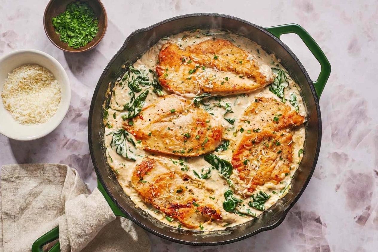 A cast iron skillet filled with chicken Florentine, featuring golden seared chicken cutlets in a creamy spinach sauce with grated Parmesan on top, on a warm kitchen counter