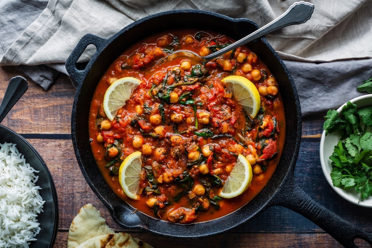 A cast iron skillet filled with chickpeas and wilted spinach in a chunky tomato garlic sauce, finished with lemon wedges and black pepper on a warm kitchen counter
