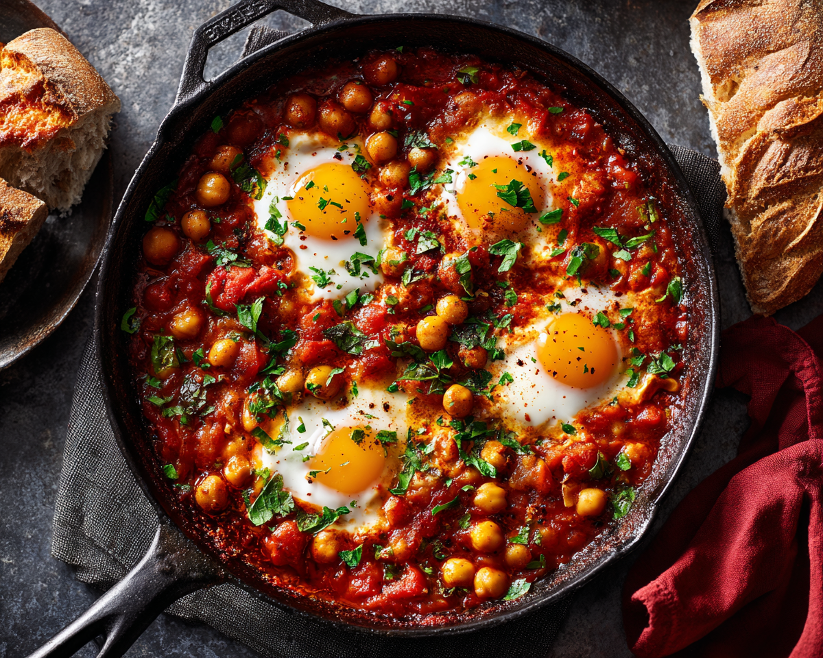 A cast iron skillet filled with chickpeas simmered in a thick tomato-garlic sauce, finished with fresh parsley and lemon wedges on a warm kitchen counter