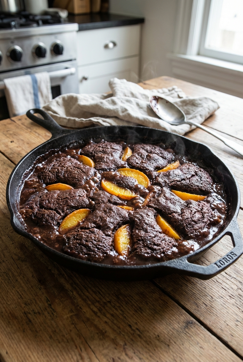 Rich Chocolate Peach Cobbler