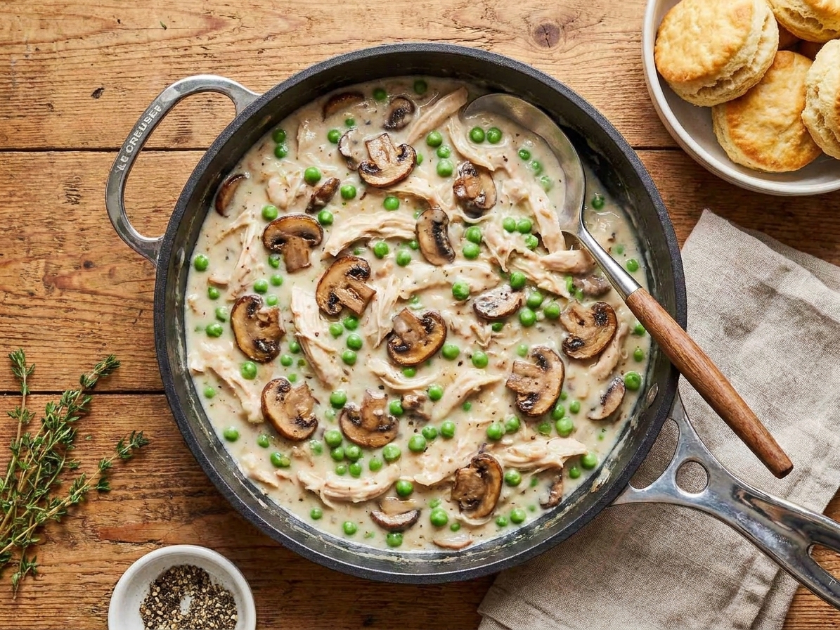 A cast iron skillet filled with creamed chicken, mushrooms, and peas in a glossy cream sauce, with a spoon resting on the edge on a warm kitchen counter