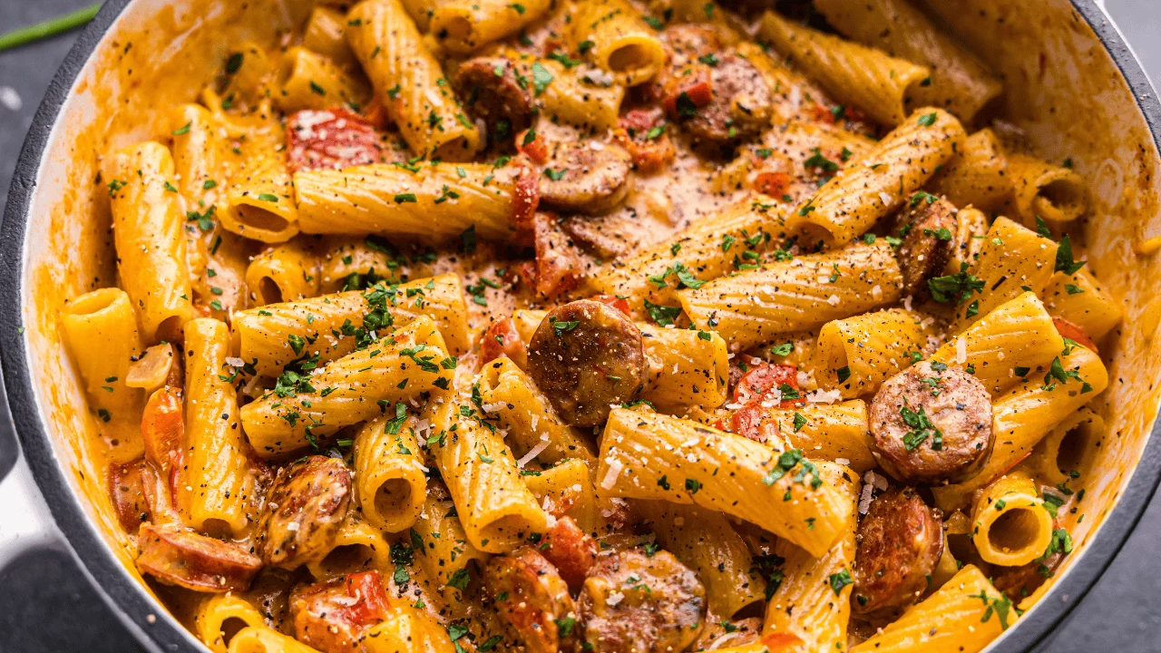 A cast iron skillet filled with creamy Cajun sausage pasta, topped with grated Parmesan and sliced green onions on a warmly lit kitchen counter