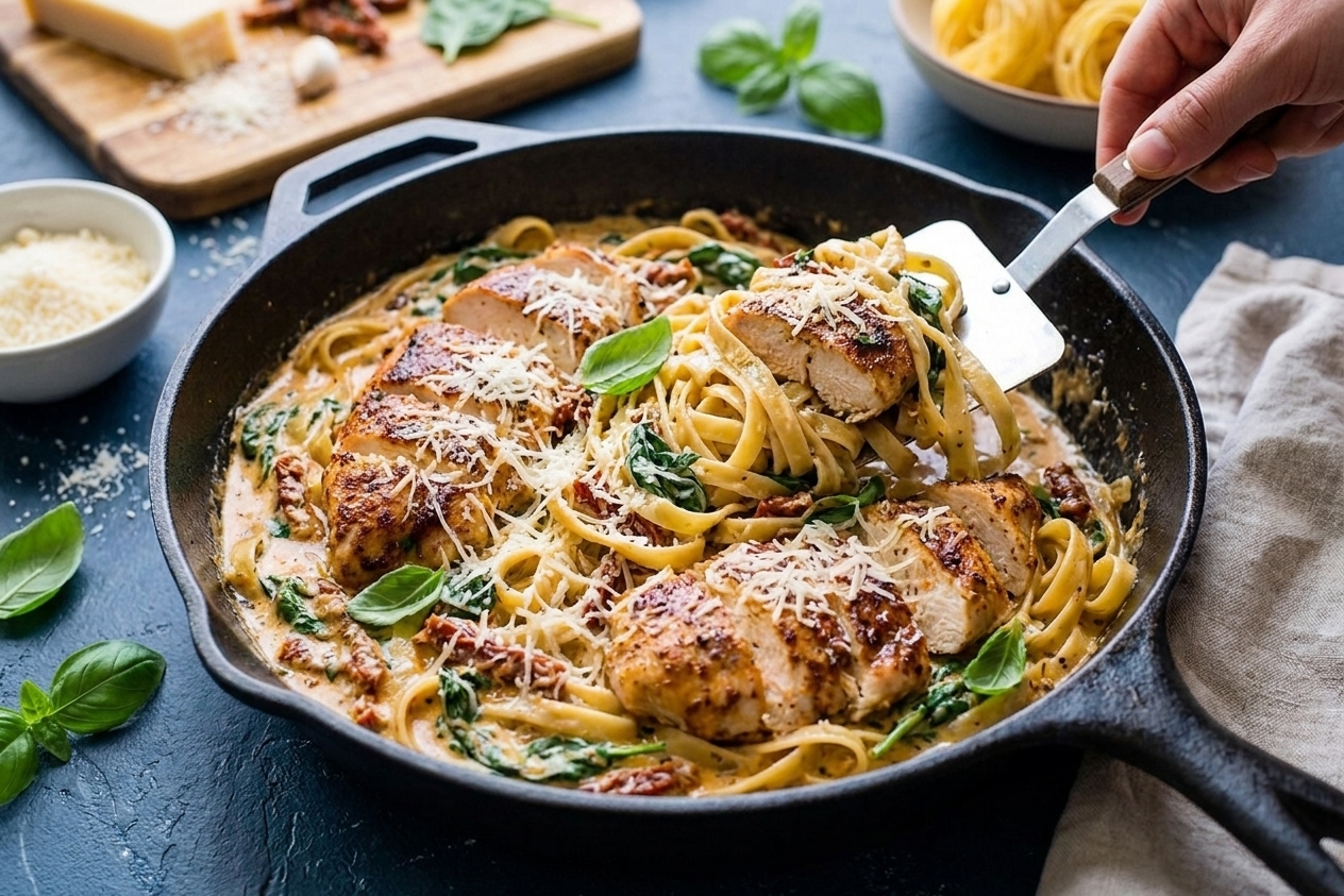 A cast iron skillet filled with creamy Tuscan chicken pasta, sun-dried tomatoes, and wilted spinach, finished with grated Parmesan on a wooden kitchen counter