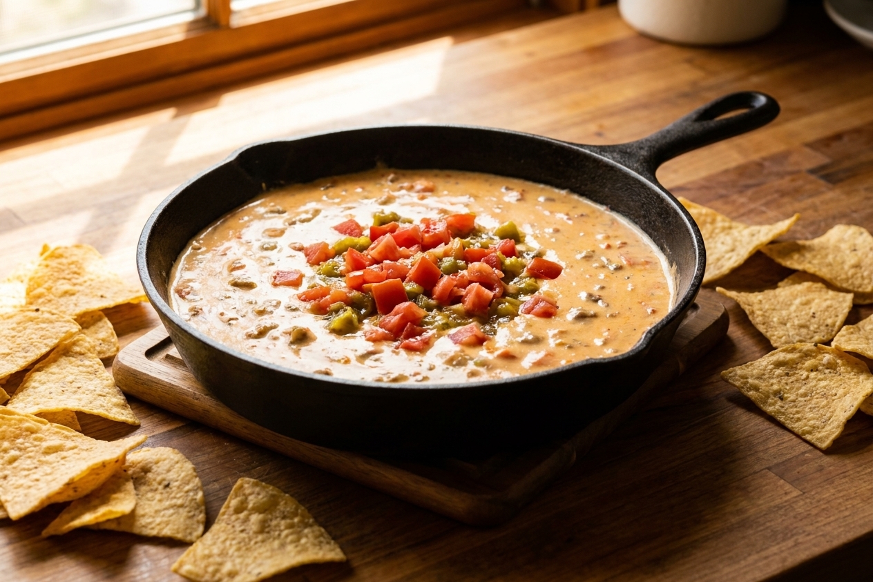 A cast iron skillet filled with creamy Velveeta Rotel cheese dip, topped with diced tomatoes and green chiles, surrounded by tortilla chips on a warm kitchen counter