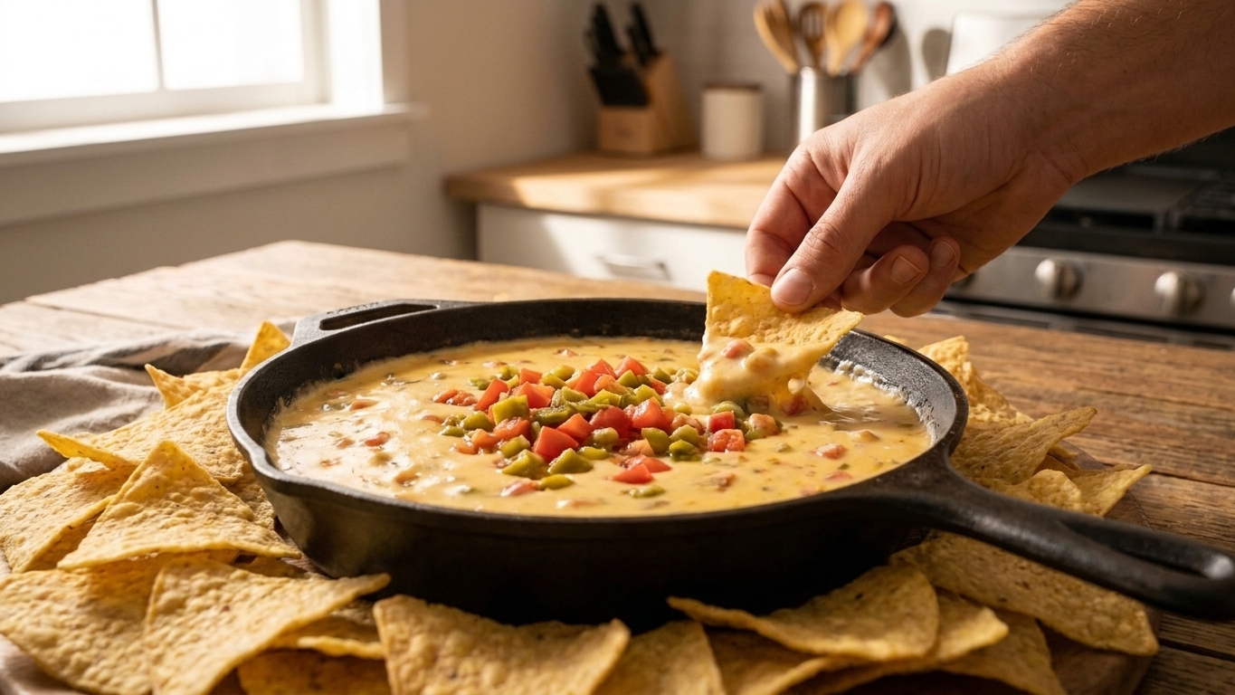 A cast iron skillet filled with creamy Velveeta queso topped with diced tomatoes and green chiles, surrounded by tortilla chips on a warm kitchen counter