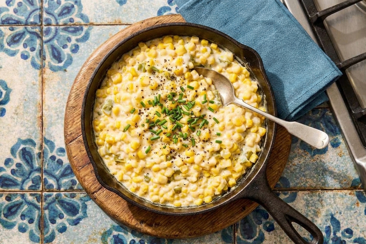 A cast iron skillet filled with creamy canned corn speckled with black pepper and chopped chives, set on a warm kitchen counter with a serving spoon