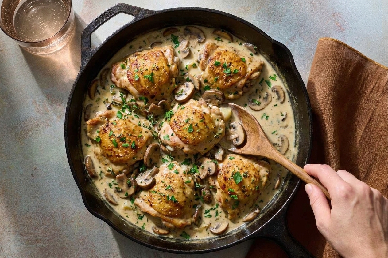 A cast-iron skillet filled with creamy chicken fricassee with browned chicken thighs, mushrooms, and herbs in a pale silky sauce on a warm kitchen counter
