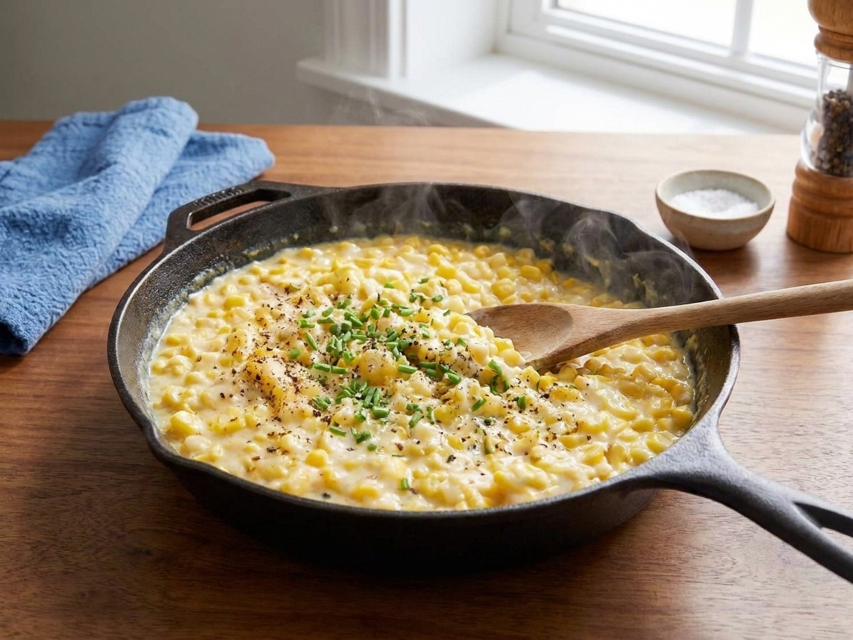 A cast iron skillet filled with creamy golden creamed corn, speckled with black pepper and topped with chopped chives on a warm kitchen counter under soft natural light