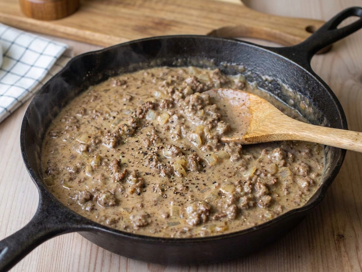 A cast iron skillet filled with creamy hamburger beef gravy with browned ground beef and black pepper