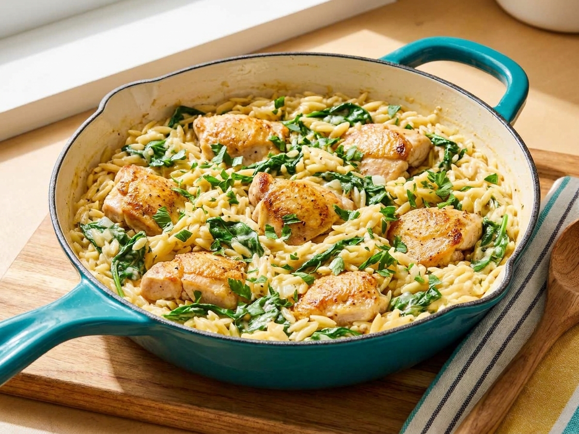 A cast iron skillet filled with creamy lemon Parmesan orzo, seared chicken pieces, wilted spinach, and fresh parsley on a warm kitchen counter with soft natural light