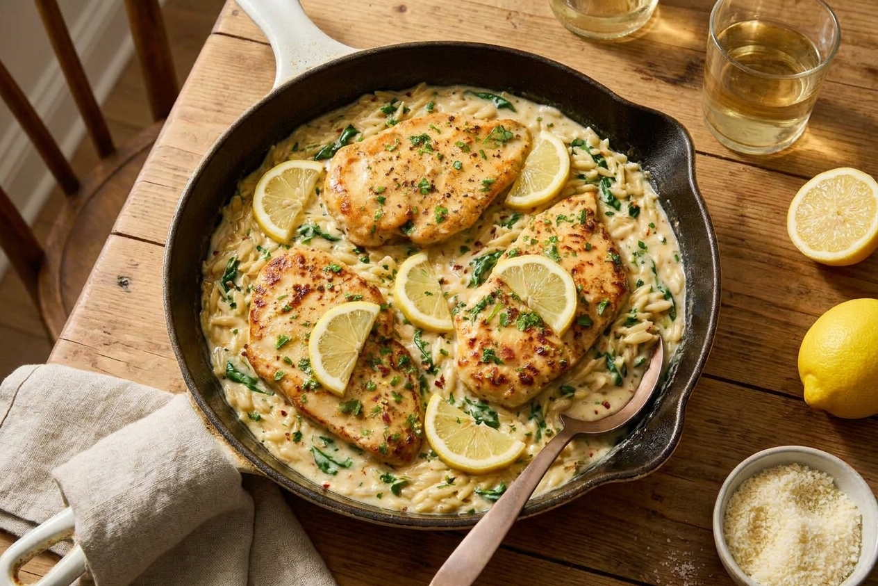 A cast iron skillet filled with creamy lemon chicken orzo, topped with sliced golden-brown chicken and scattered parsley on a warm kitchen table