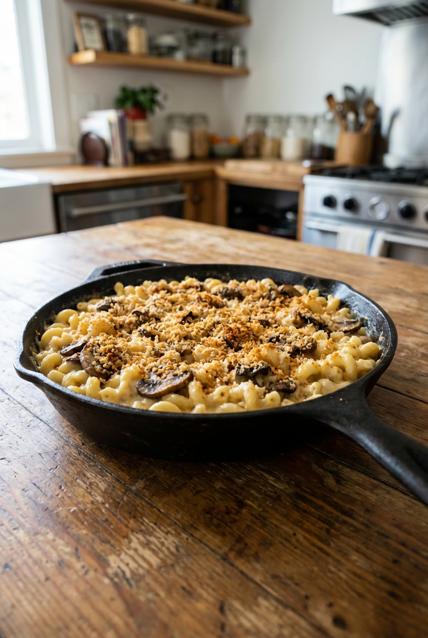 A cast iron skillet filled with creamy macaroni and cheese topped with golden toasted breadcrumbs and sautéed mushrooms on a rustic wooden table