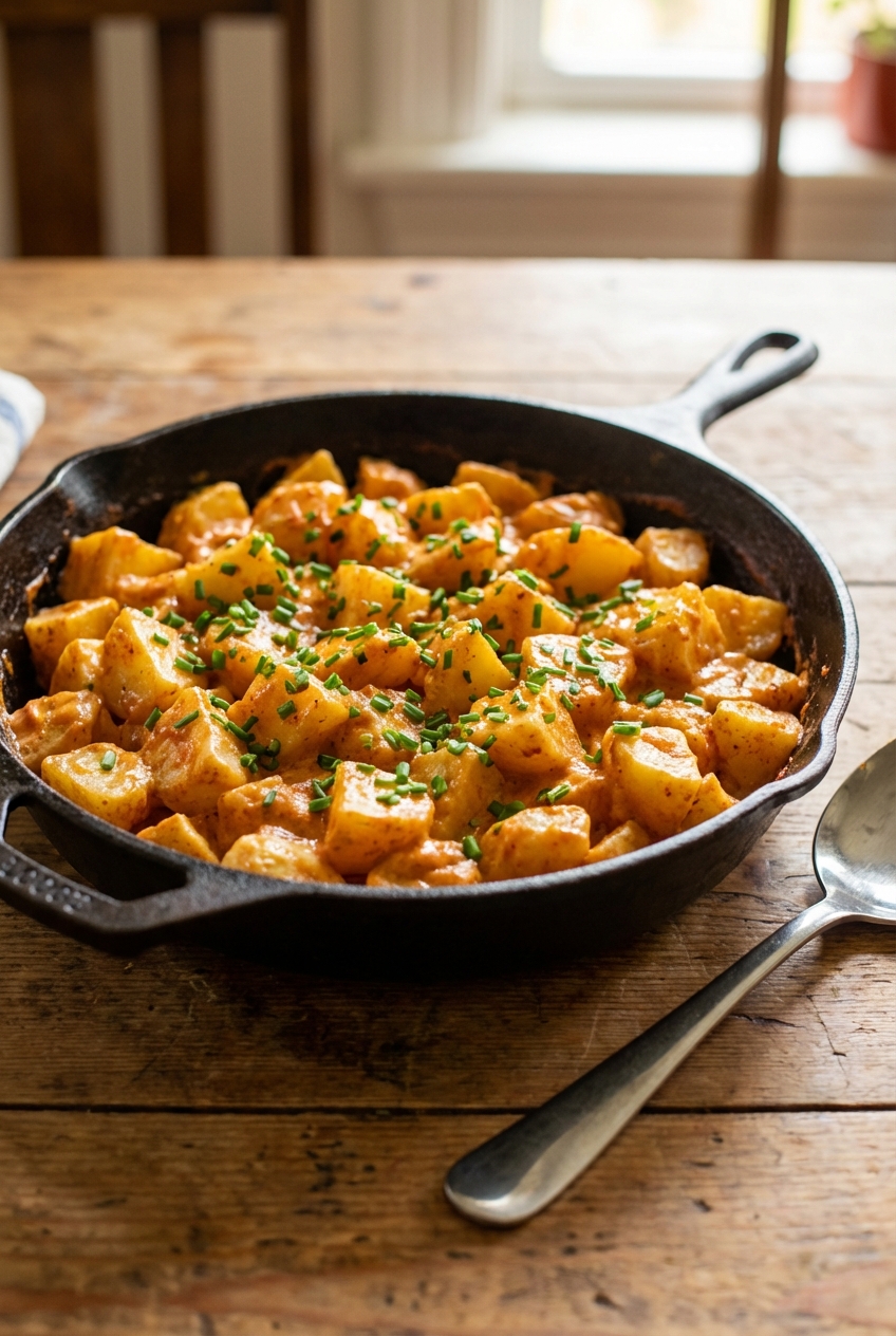 A cast iron skillet filled with creamy potatoes coated in a smoky paprika sauce, topped with chopped chives on a wooden table with a spoon beside it