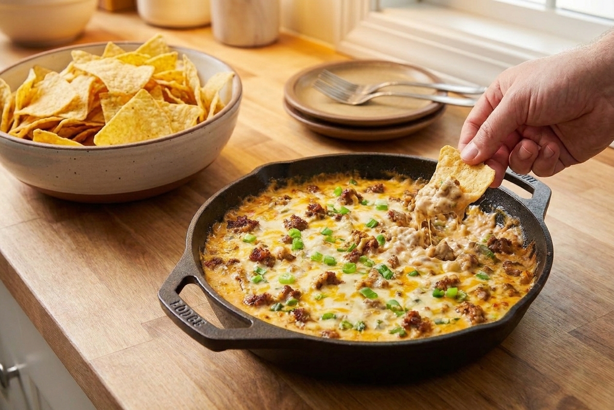 A cast iron skillet filled with creamy sausage cheese dip topped with sliced scallions, surrounded by tortilla chips on a warm kitchen counter