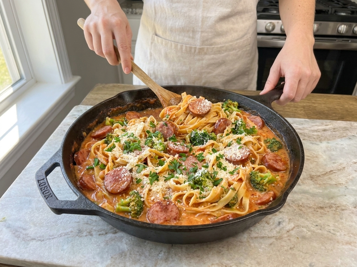 A cast iron skillet filled with creamy tomato kielbasa pasta topped with grated parmesan and chopped parsley on a light stone kitchen counter