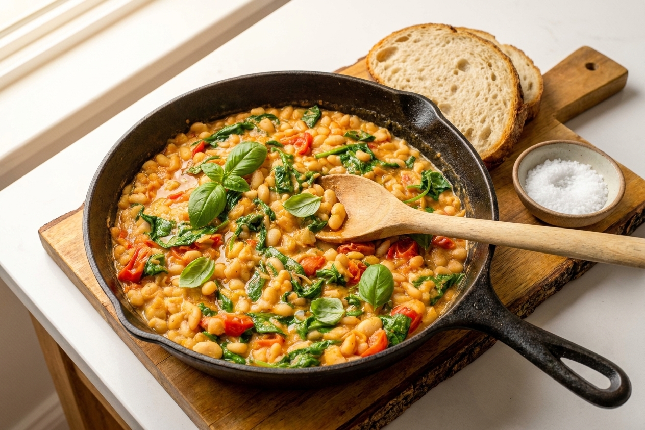 A cast iron skillet filled with creamy white beans, burst cherry tomatoes, wilted spinach, and basil on a warm kitchen counter with soft natural light