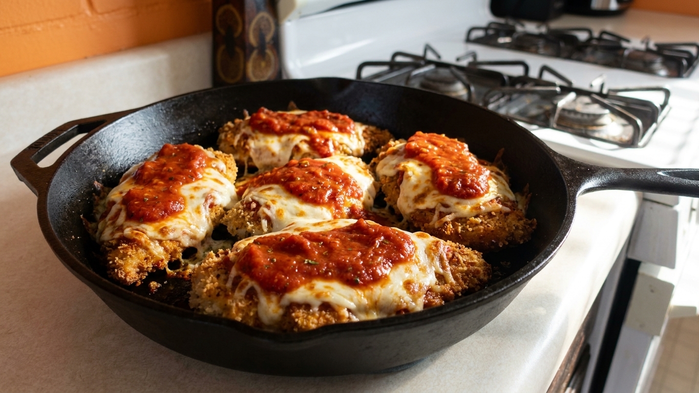 A cast iron skillet filled with crispy breaded chicken cutlets topped with melted mozzarella and spooned tomato basil sauce, set on a warm kitchen counter with soft natural light