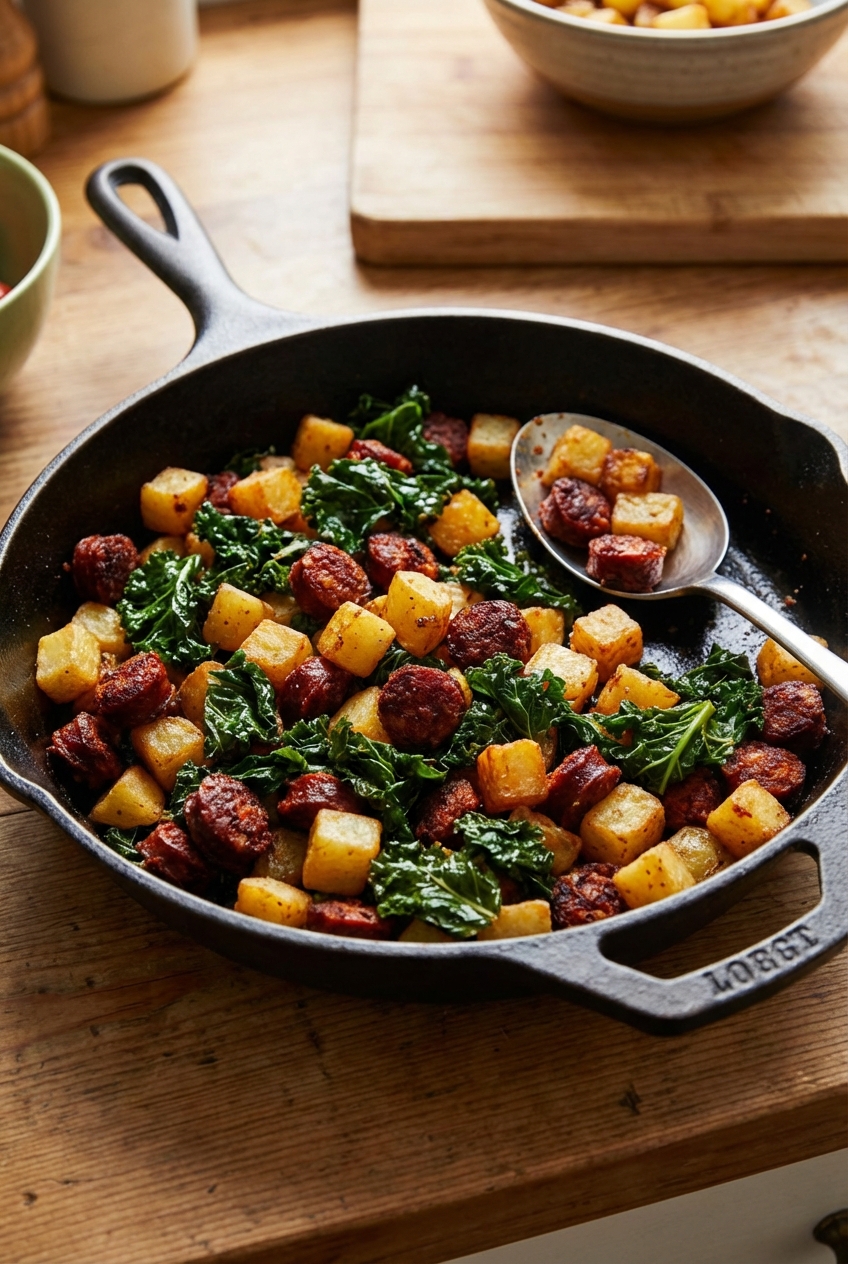 A cast iron skillet filled with crispy chorizo pieces, golden potatoes, and wilted greens with a spoon resting on the rim