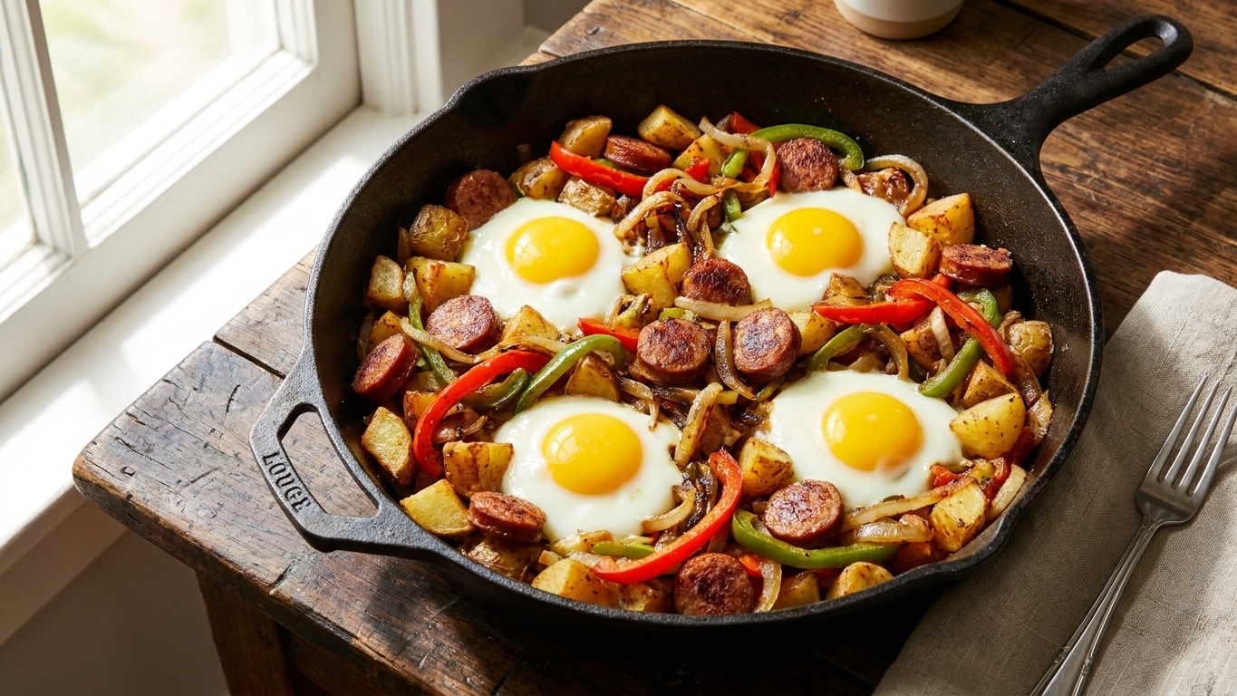A cast iron skillet filled with crispy golden potatoes, browned sausage, sautéed peppers and onions, and four eggs with runny yolks, on a rustic wooden table near a sunlit kitchen window