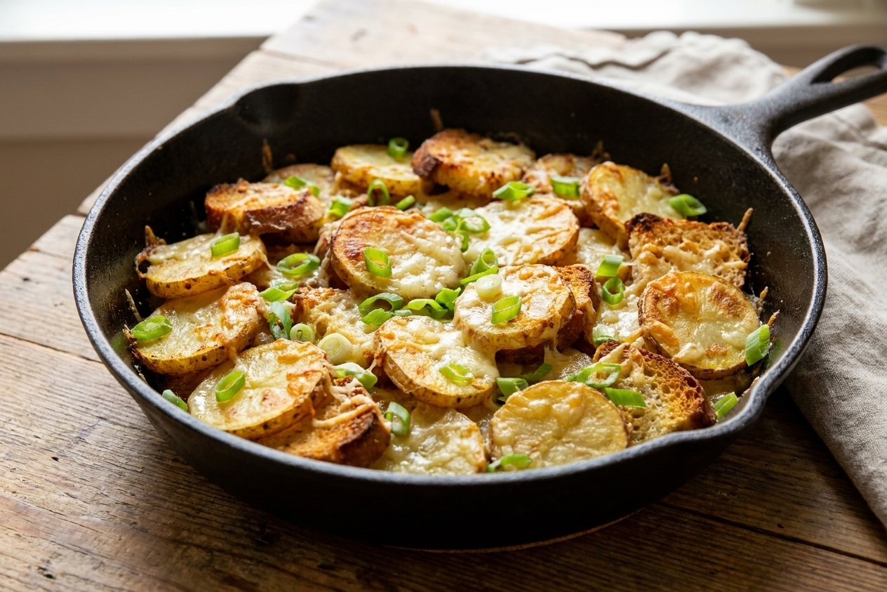 A cast iron skillet filled with crispy golden potato slices, toasted bread pieces, and melted cheese, finished with sliced scallions on a rustic kitchen table