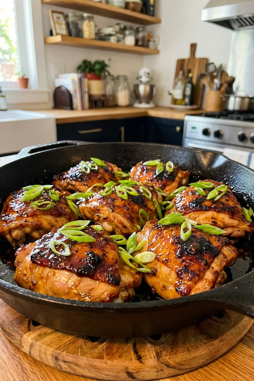 A cast iron skillet filled with crispy skin-on chicken thighs coated in a glossy honey garlic glaze, with caramelized edges and a few sliced green onions scattered on top, warm kitchen lighting, photorealistic food photography