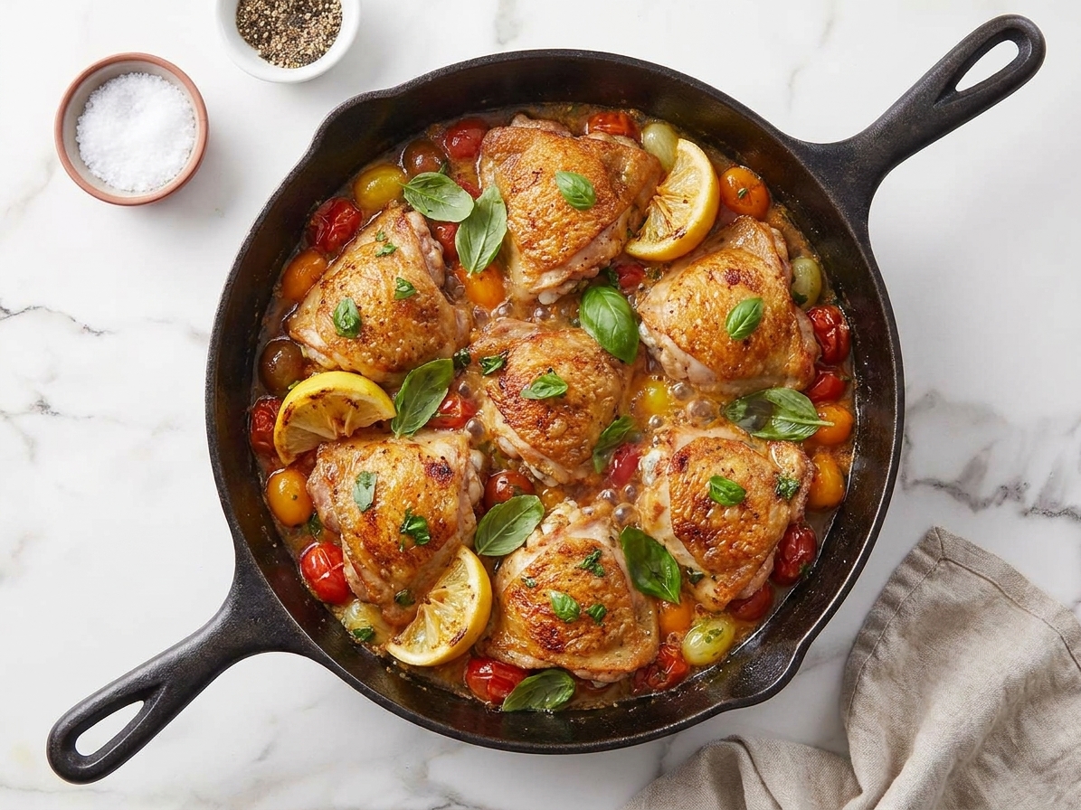 A cast iron skillet filled with crispy skin-on chicken thighs nestled in a glossy burst tomato sauce with basil and lemon wedges on a warm kitchen counter