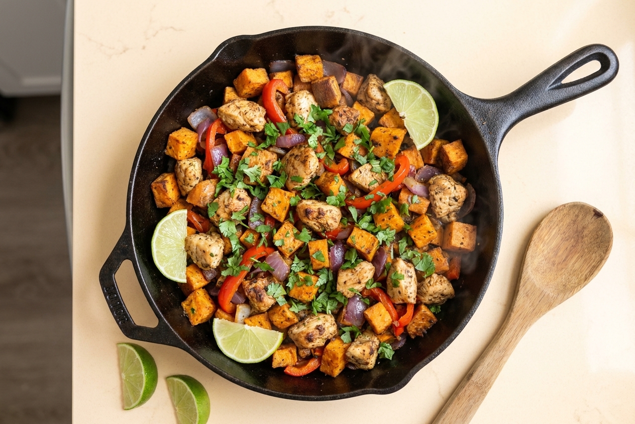 A cast iron skillet filled with crispy sweet potato cubes, browned chicken pieces, red bell pepper, and red onion, finished with fresh cilantro and lime wedges on a warm kitchen counter