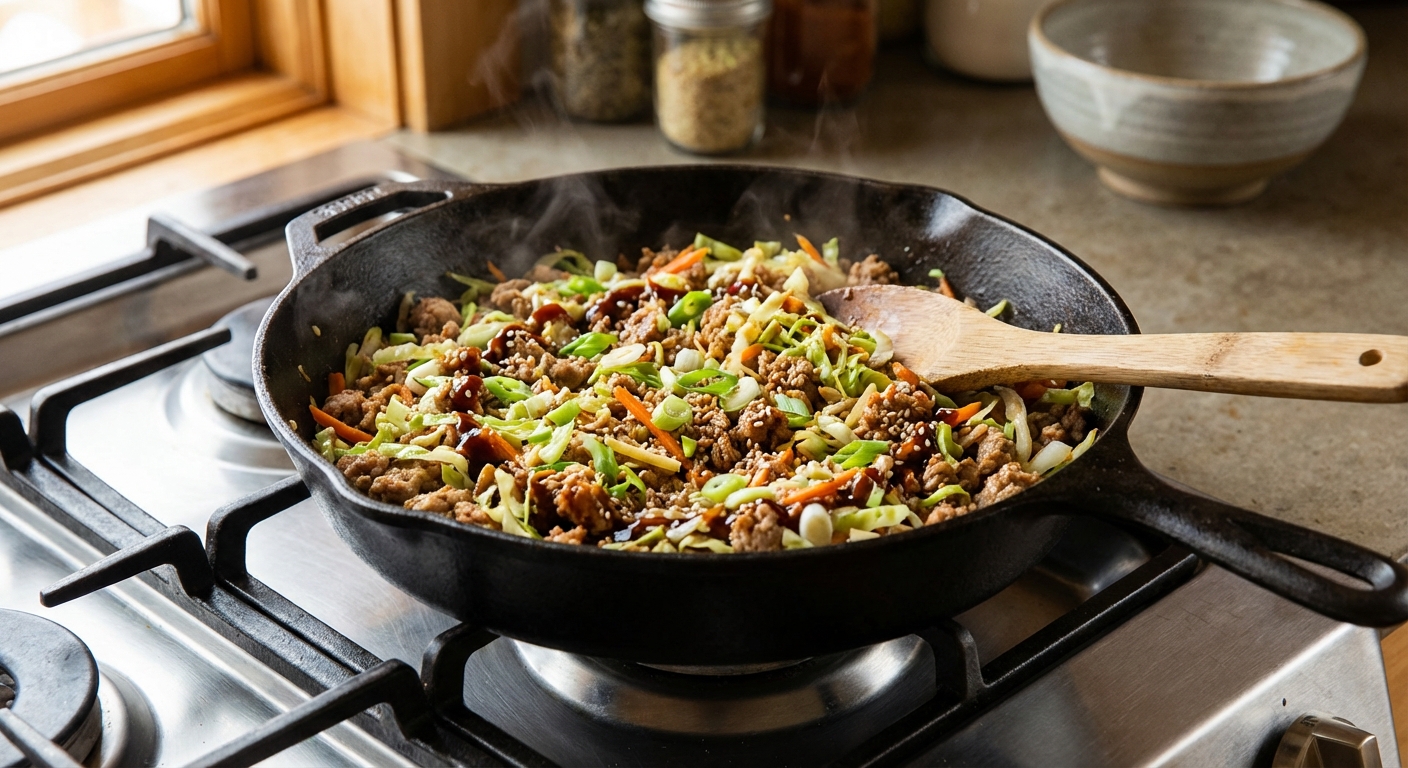 A cast iron skillet filled with egg roll in a bowl mixture of browned pork, shredded cabbage, carrots, and aromatics on the stovetop