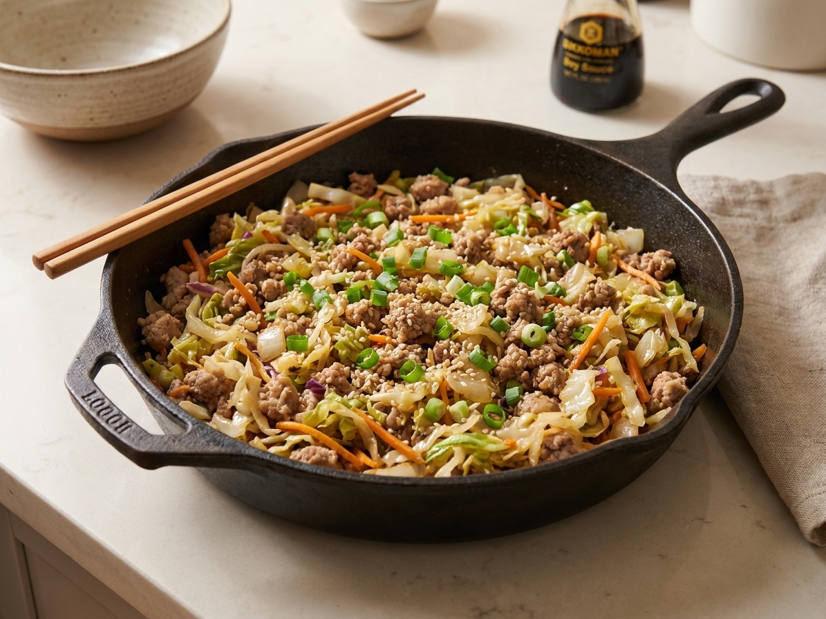 A cast iron skillet filled with egg roll in a bowl, showing browned ground pork, glossy cabbage, shredded carrots, and green onions, with chopsticks resting on the rim on a warm kitchen counter