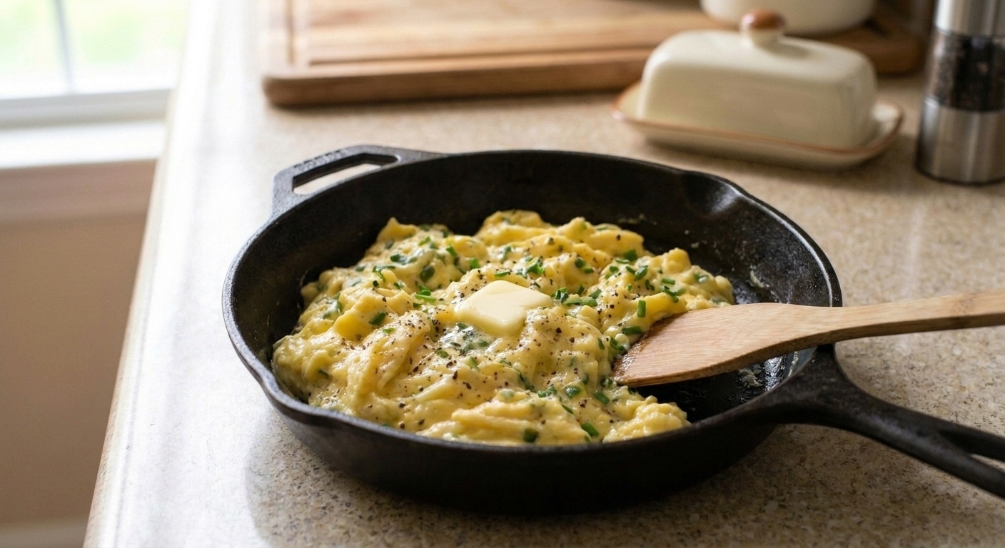A cast iron skillet filled with fluffy soft scrambled eggs topped with chopped herbs and a pat of melting butter on a warm kitchen counter with morning light