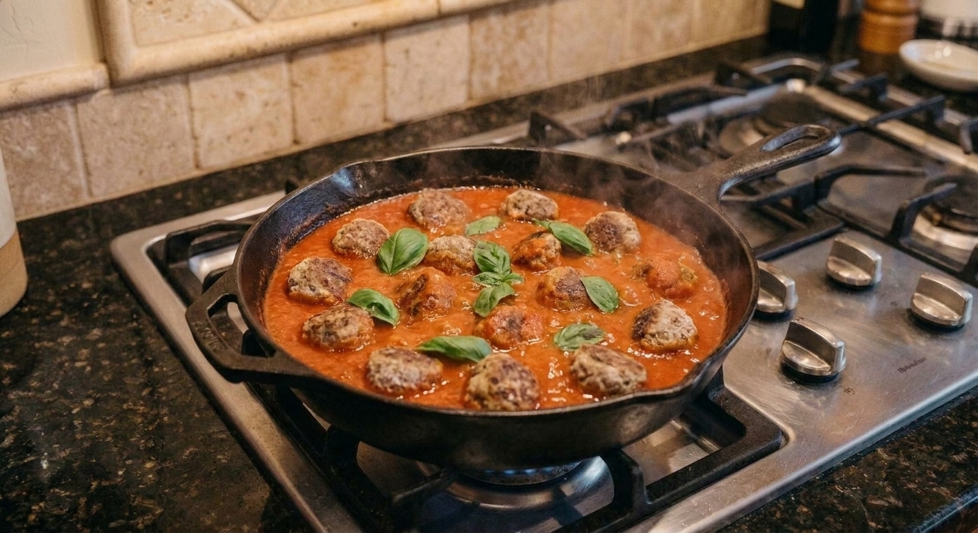 A cast iron skillet filled with frozen meatballs simmering in bright red marinara sauce with fresh basil on top on a home kitchen stove