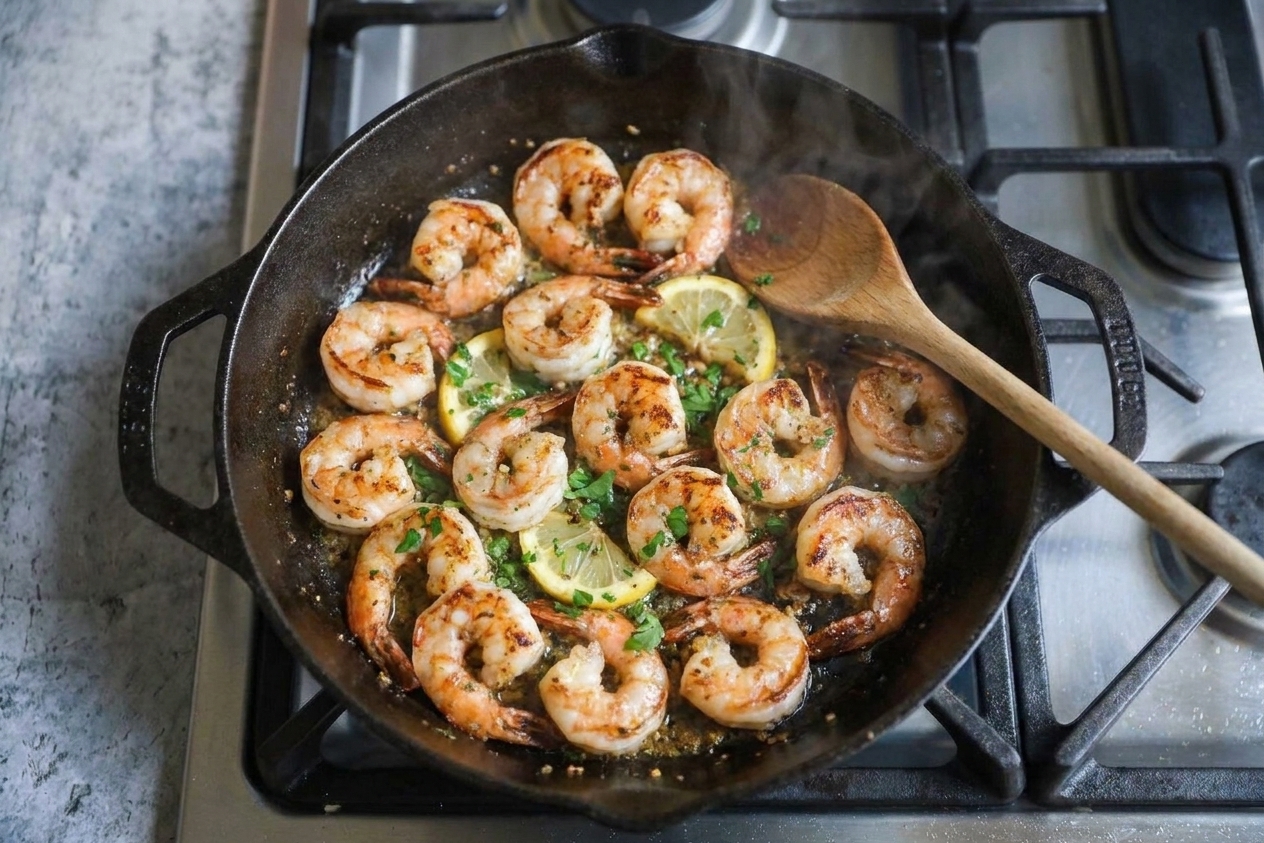 A cast iron skillet filled with garlic butter sauteed shrimp with browned edges, lemon slices, and chopped parsley on a stovetop
