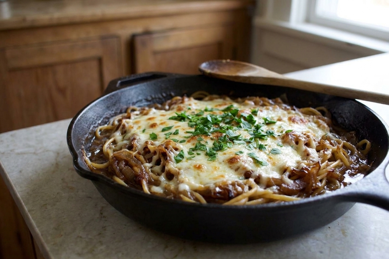 A cast iron skillet filled with glossy French onion pasta, deeply caramelized onions tangled with noodles, melted cheese on top, and a sprinkle of chopped parsley on a warm kitchen counter