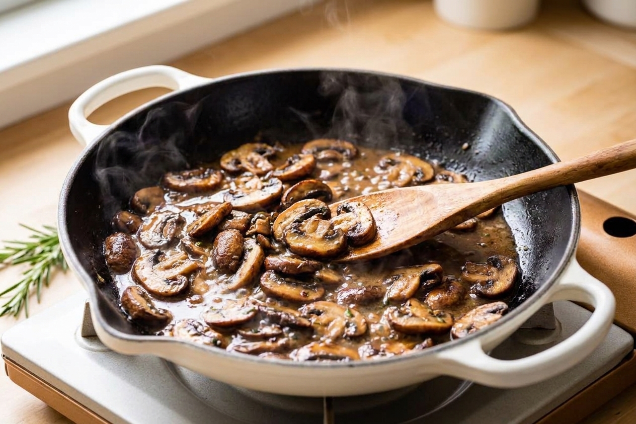 A cast iron skillet filled with glossy Marsala sauce and browned mushrooms, with steam rising on a warm kitchen stove