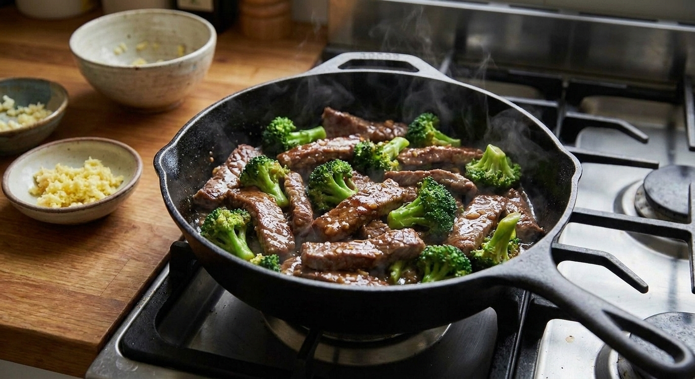 A cast iron skillet filled with glossy beef and broccoli stir fry, with browned strips of beef, bright green broccoli florets, and a shiny garlic-ginger sauce, sitting on a stovetop under warm kitchen lighting