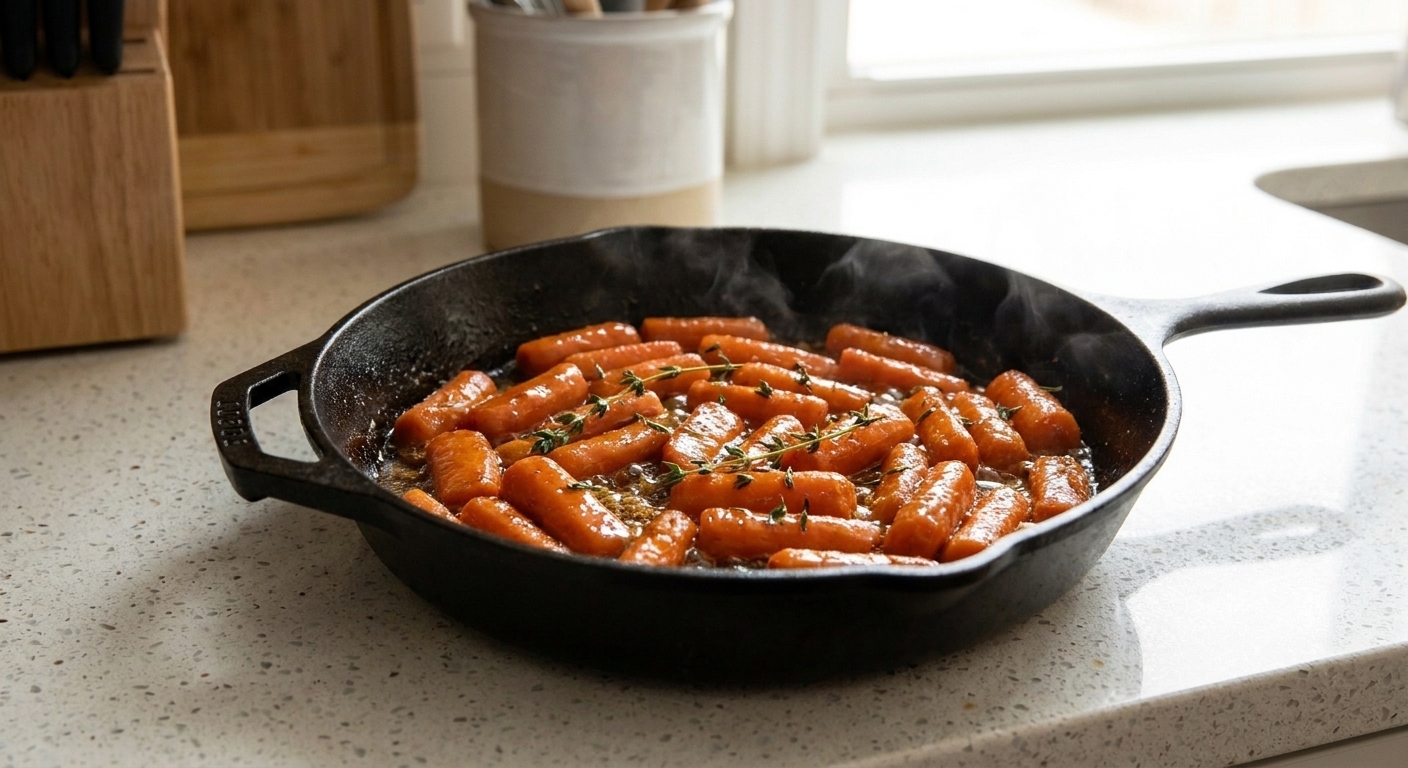 A cast iron skillet filled with glossy candied carrot slices coated in a buttery brown sugar glaze, with a few thyme leaves scattered on top on a warm kitchen counter