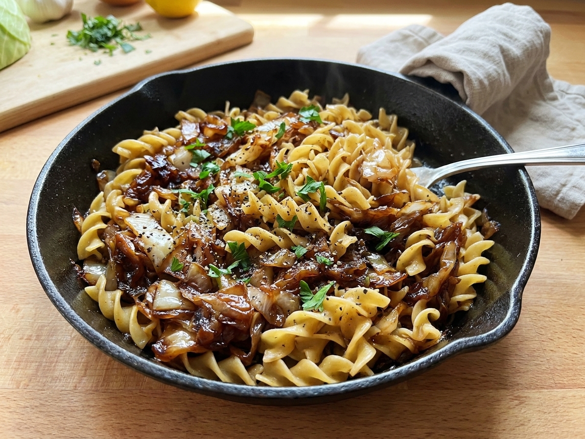 A cast iron skillet filled with glossy deeply browned cabbage and egg noodles, speckled with black pepper and parsley, on a warm kitchen counter with soft natural light