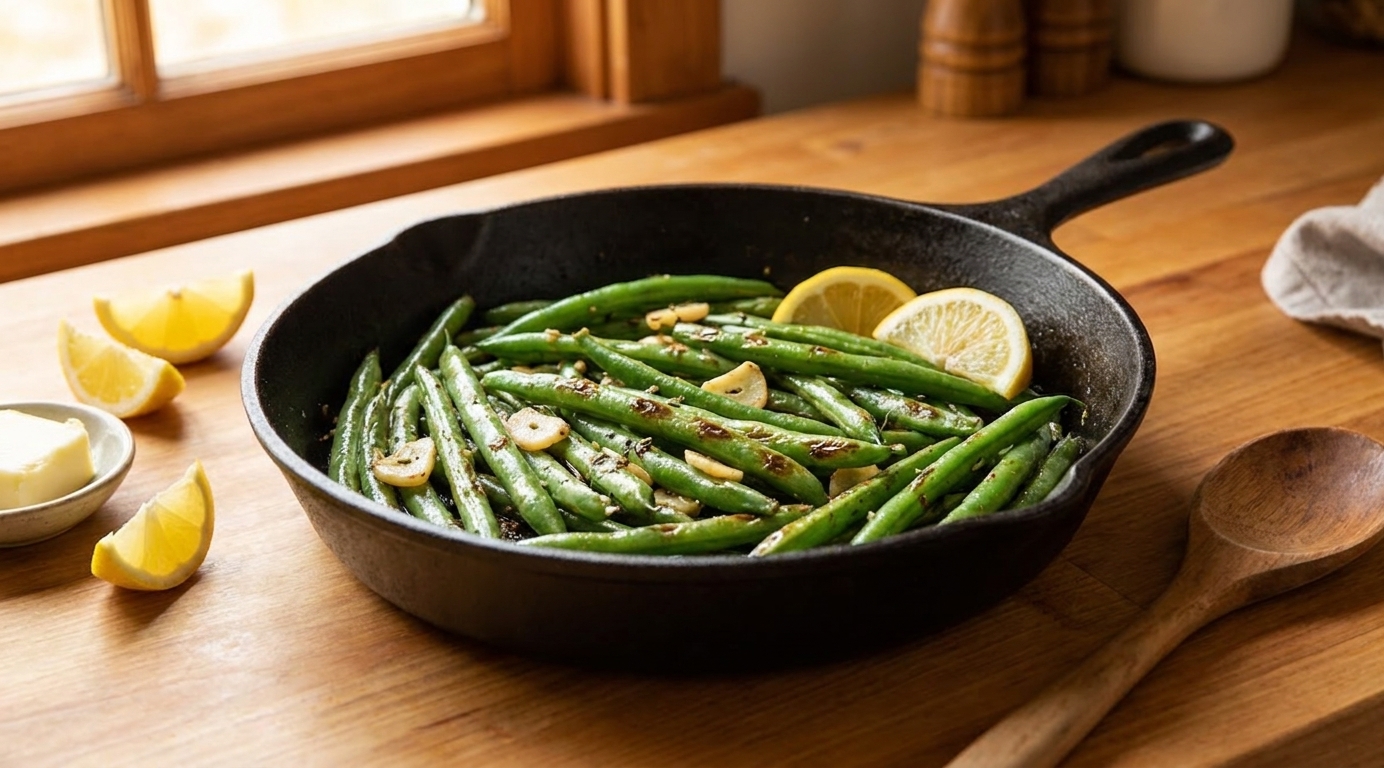 A cast iron skillet filled with glossy garlic butter string beans with lightly blistered spots and lemon wedges on the side, on a warm-toned kitchen counter