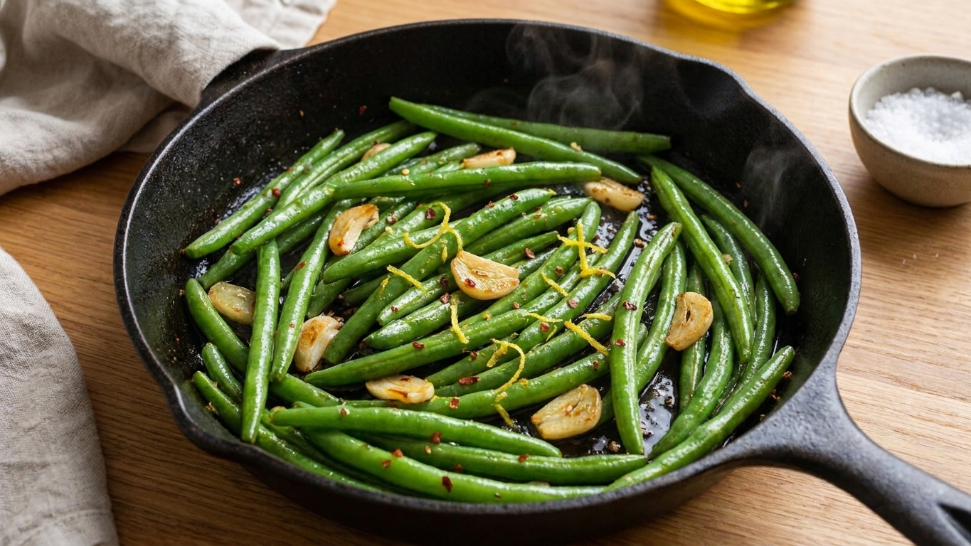 A cast iron skillet filled with glossy green beans sautéed with sliced garlic and lemon zest on a warm kitchen counter