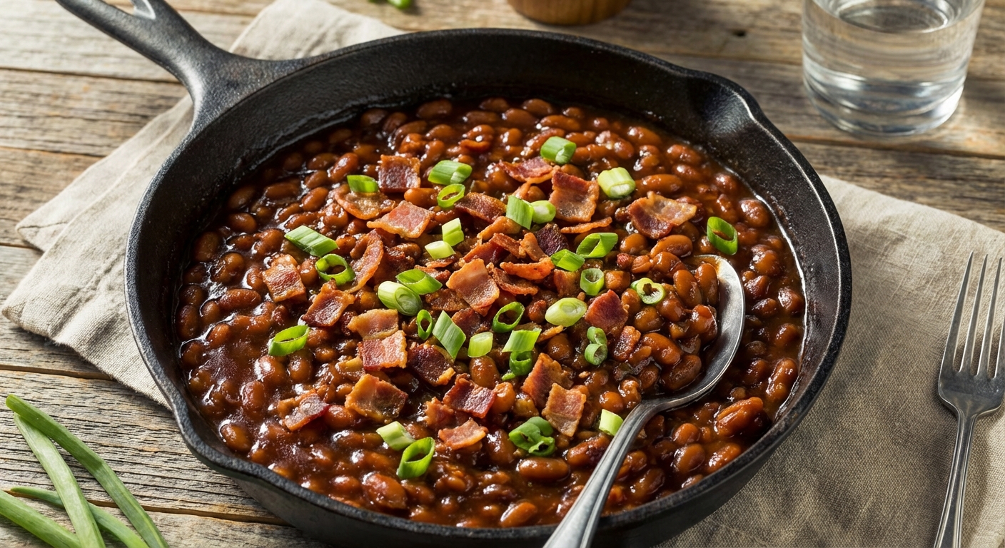A cast iron skillet filled with glossy homemade baked beans topped with crisp bacon pieces and sliced green onions on a wooden table