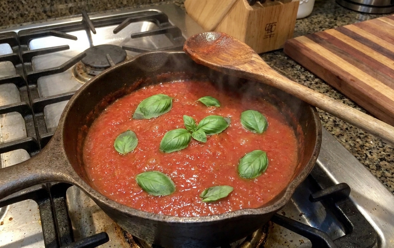 A cast iron skillet filled with glossy homemade marinara sauce with basil leaves on top, set on a warm kitchen counter with a wooden spoon nearby