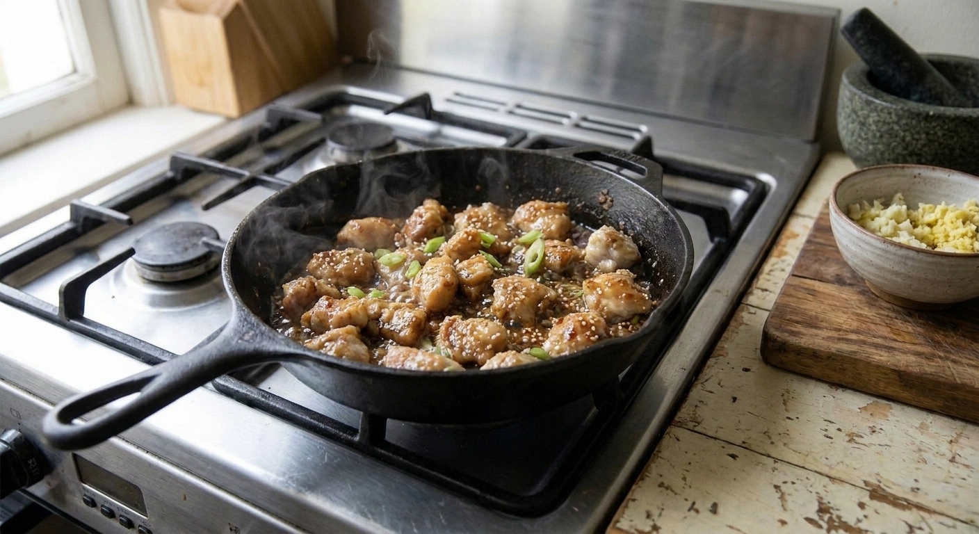 A cast iron skillet filled with glossy honey garlic chicken pieces, bubbling sauce, and sliced green onions on a warm kitchen stove