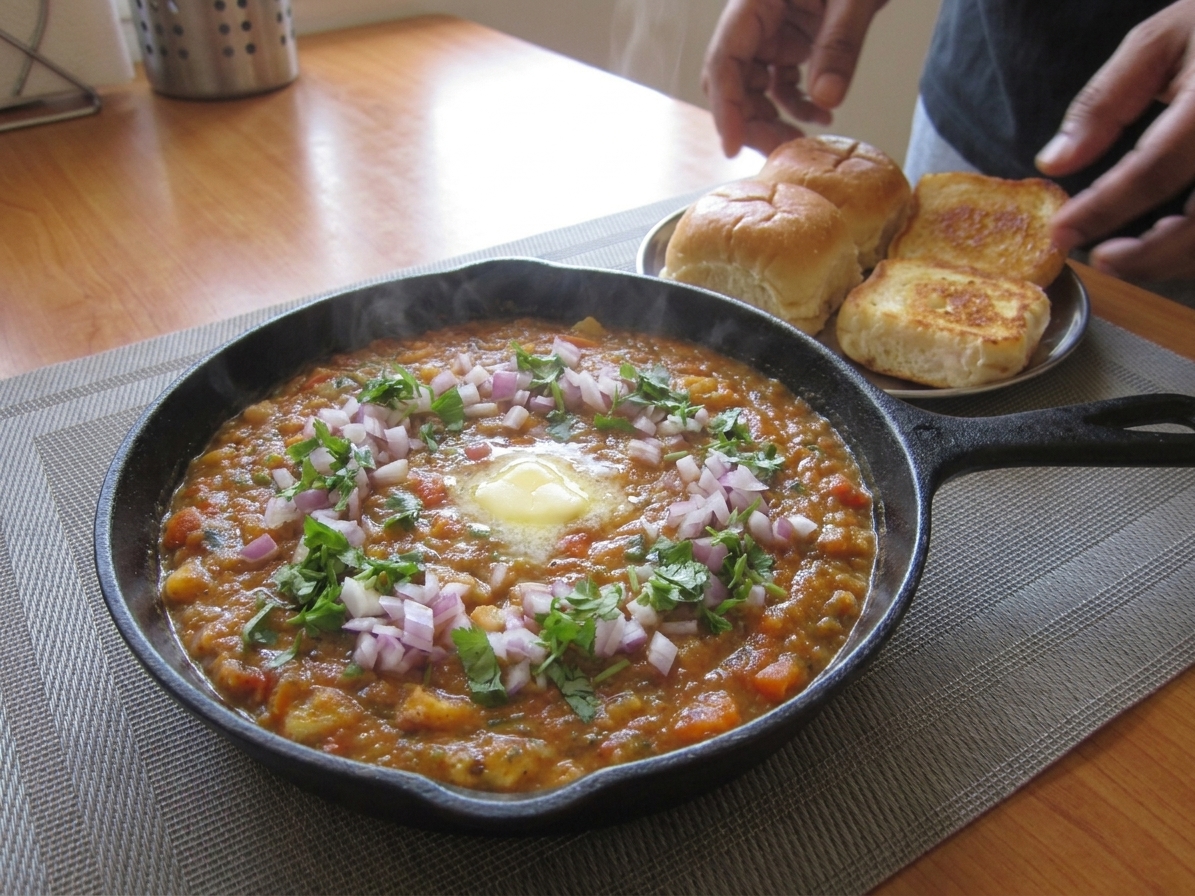 A cast iron skillet filled with glossy orange-red pav bhaji topped with a melting pat of butter, chopped cilantro, and diced red onion, with toasted pav rolls on the side on a warm-toned kitchen table