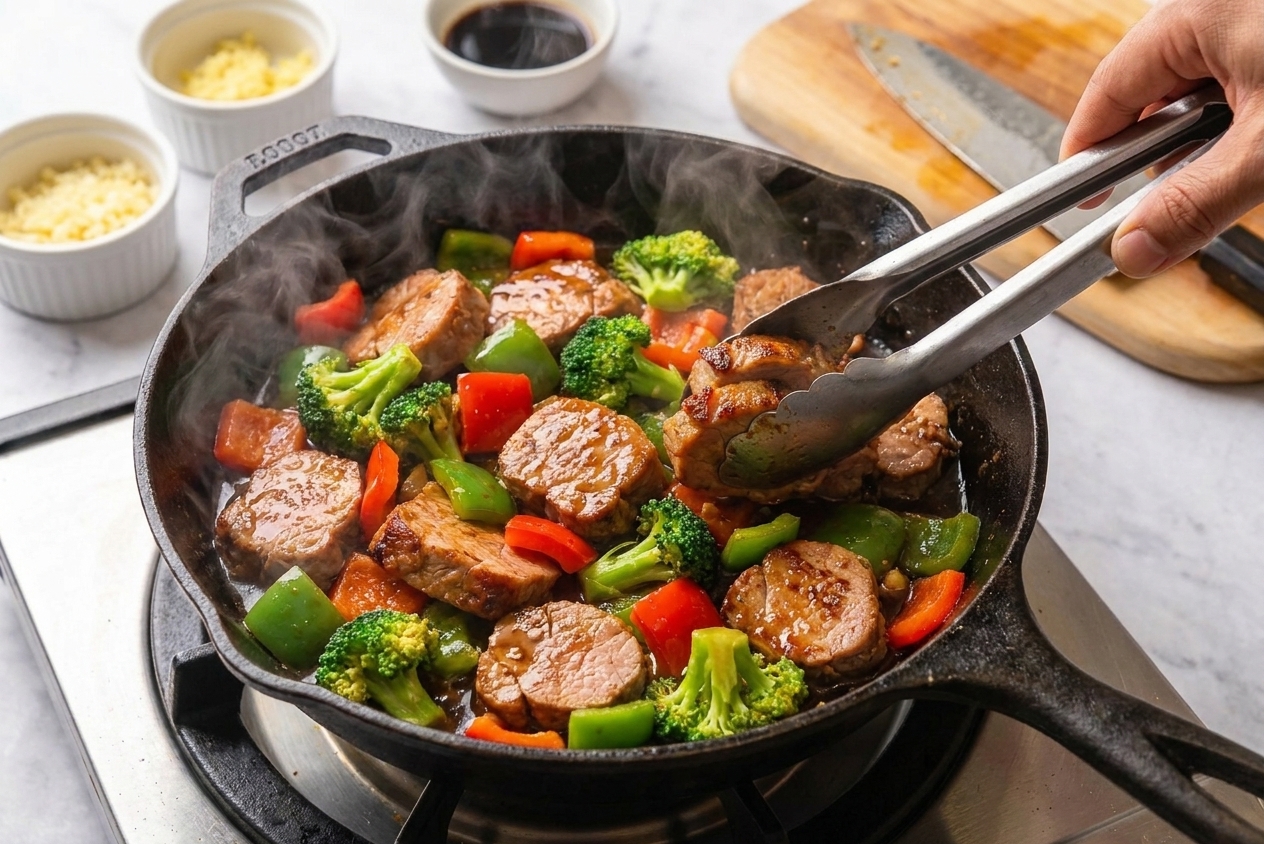 A cast iron skillet filled with glossy pork stir fry with bell peppers and broccoli, steam rising on a warm kitchen stove