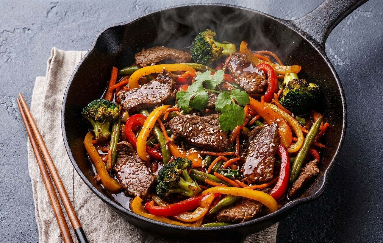 A cast iron skillet filled with glossy steak stir fry with bell peppers and broccoli, steam rising on a bright kitchen counter