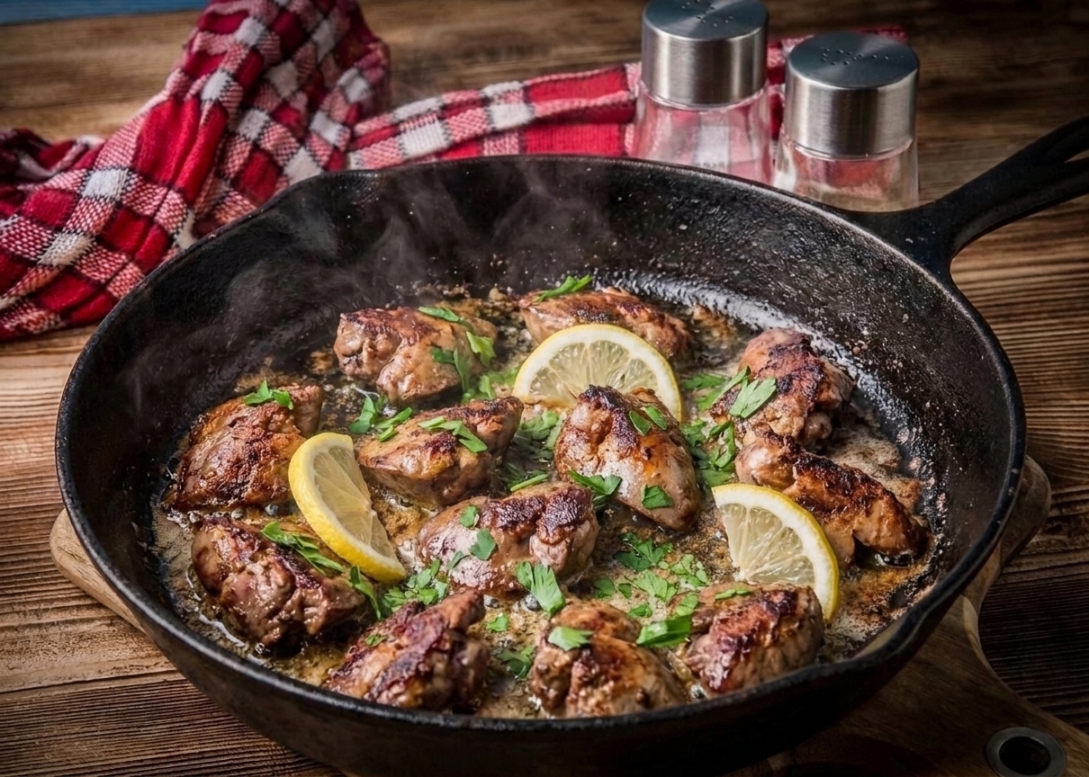 A cast iron skillet filled with golden-brown chicken livers with crisp edges, topped with chopped parsley and lemon slices on a warm kitchen counter